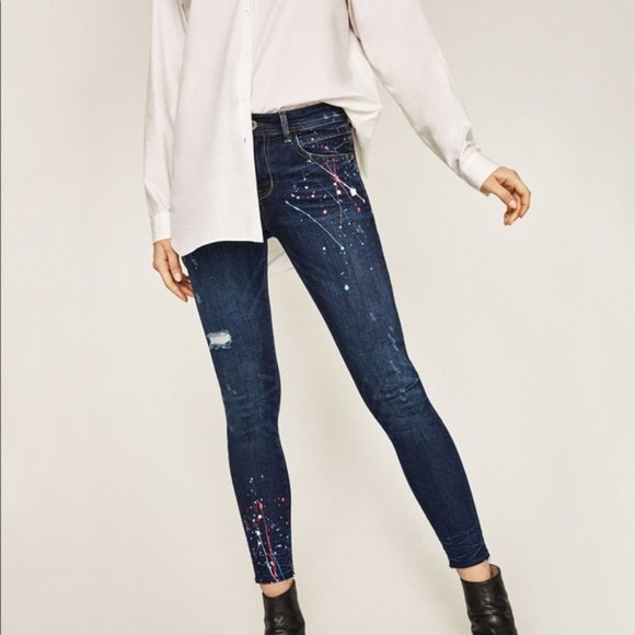 Zara Denim - NWT Zara Paint Splatter Raw Hem Skinny Jeans